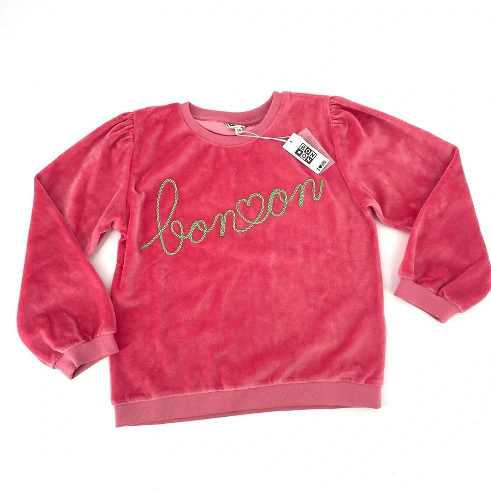 BONTON NWT Kids Velour Pink Embroidered Pullover Puff Shoulder Sweatshirt Top